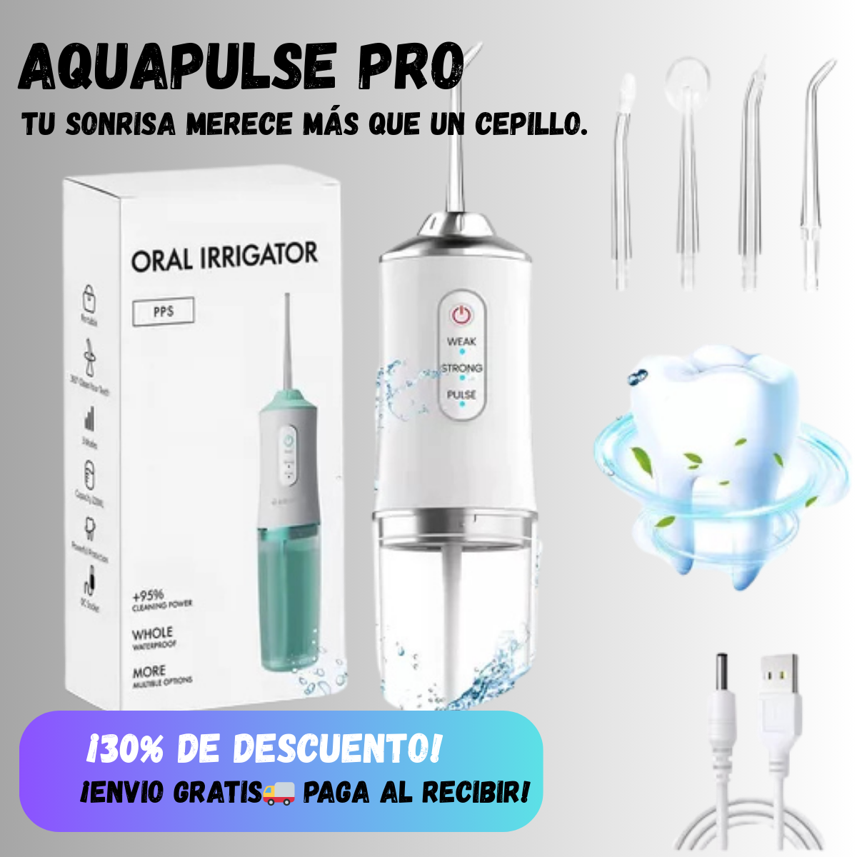 AQUAPULSE Pro I Tu sonrisa merece más que un cepillo. (4 Boquillas gratis)